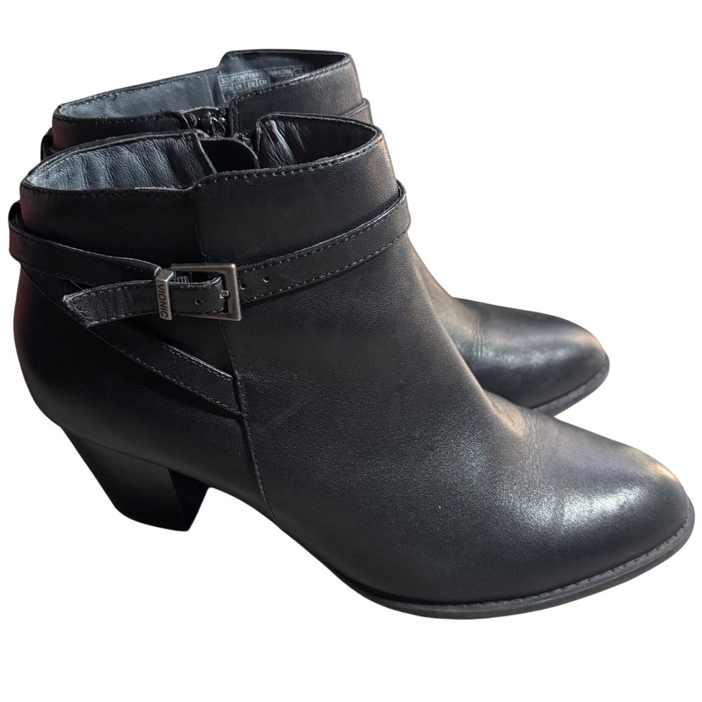 Vionic Upton Black Leather Ankle Boots Buckle Strap Side Zip Block Heel Size 9 - Picture 1 of 9